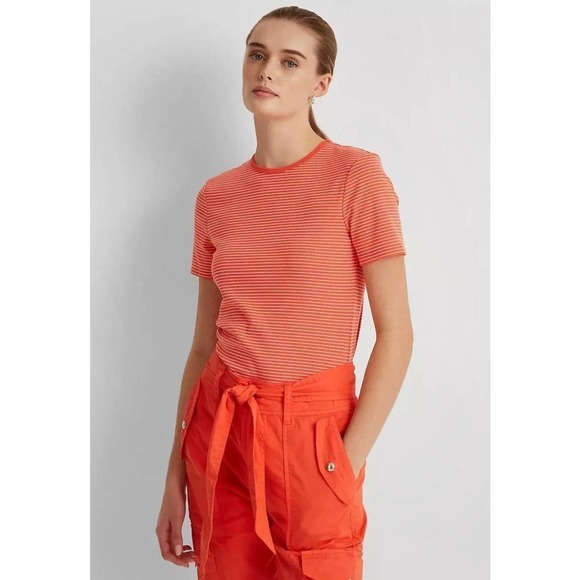 Ralph Lauren Womens Orange Striped Crew Neck T-Shirt, Orange,S petite minimalist - Picture 1 of 8
